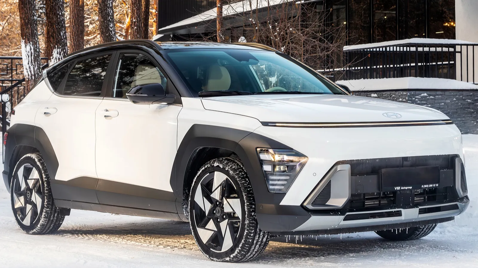Shot of white Hyundai Kona parked outside house.