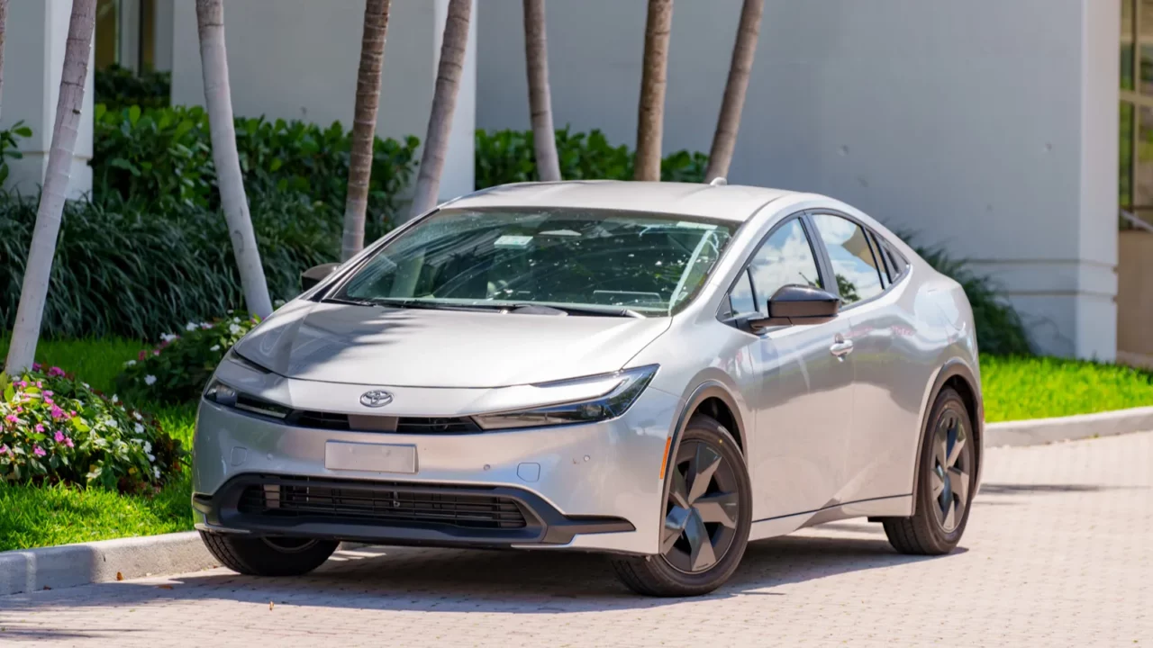 Silver Toyota Prius on display.