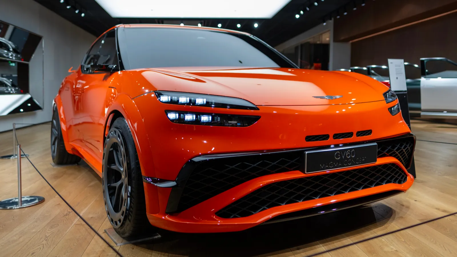 Shot of electric orange GV60 Magma at showroom.