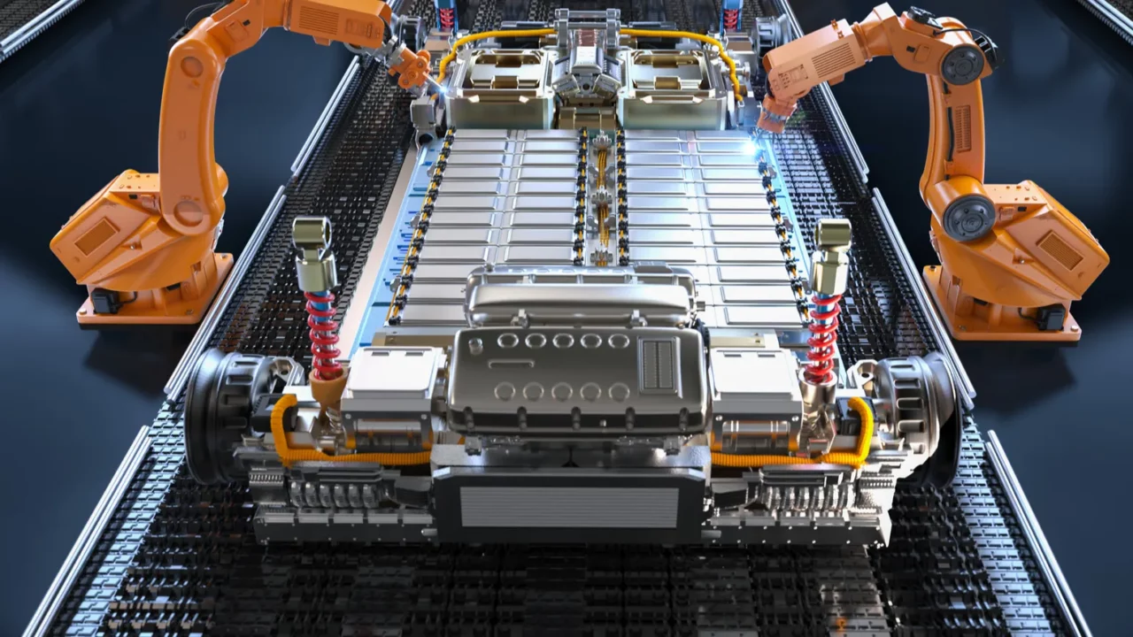 automation automobile factory concept with 3d rendering robot assembly line